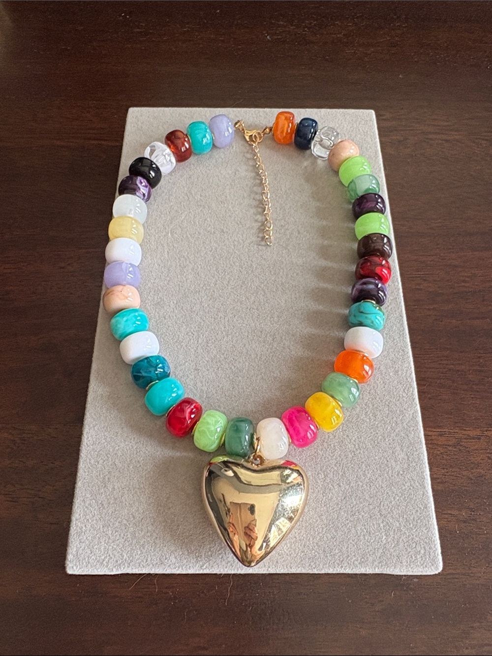Multicolor Bead Necklace with Gold Heart Pendant